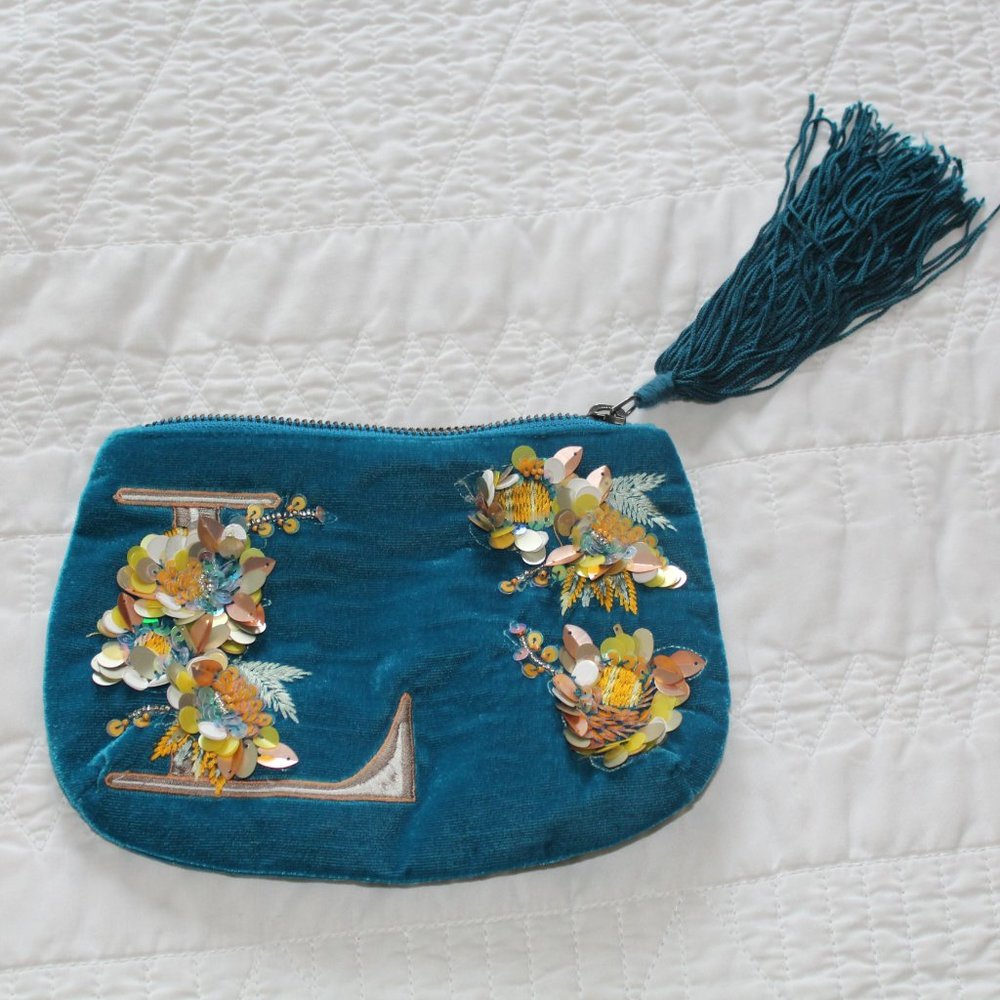 Anthropologie Teal Velvet Embellished Monogrammed "L" Pouch